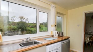 A compact kitchen with a washing machine, a sink, and a window with curtains. - Llwynon (Aberystwyth)