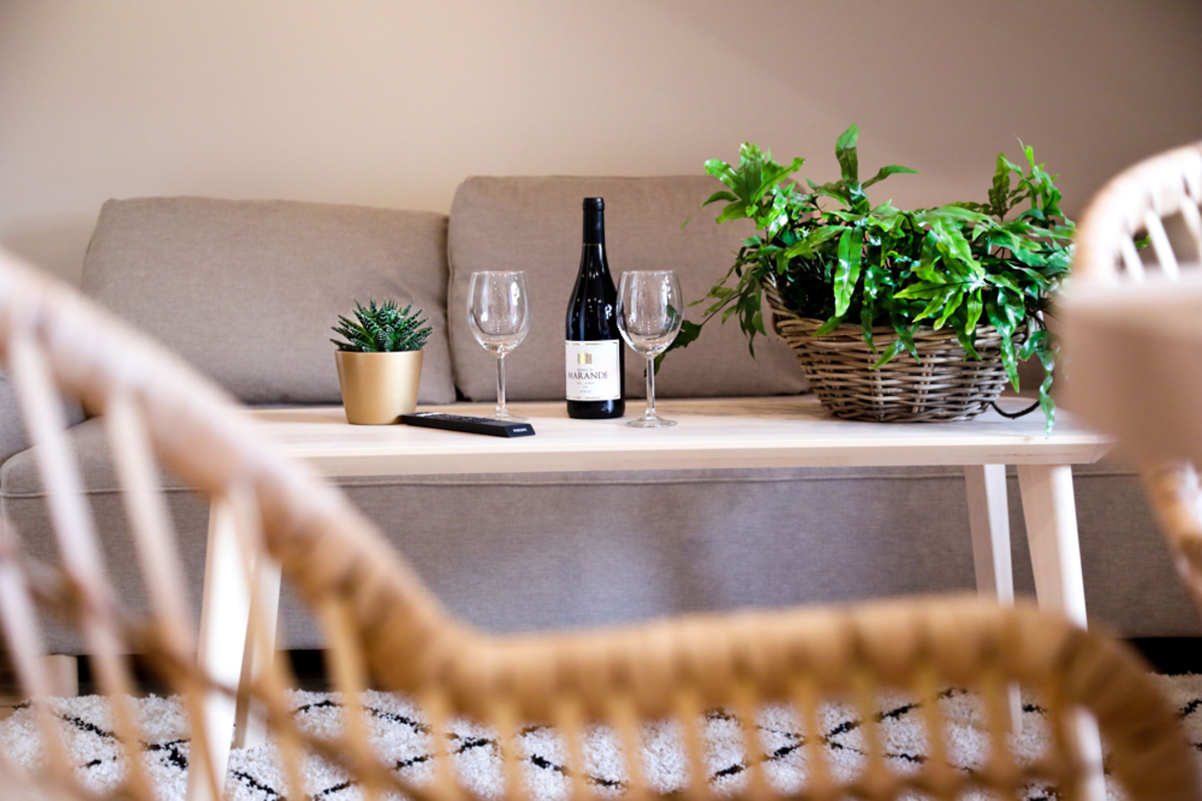 A living room with a sofa, a coffee table, a potted plant, a wine bottle, and two wine glasses.