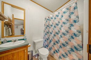 Combined shower/bathtub, towels, soap, toilet paper