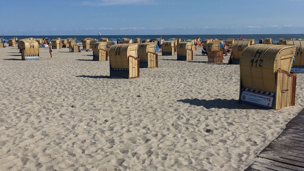 A beach with rows of wicker beach chairs numbered 79, 98, 112, and 412.