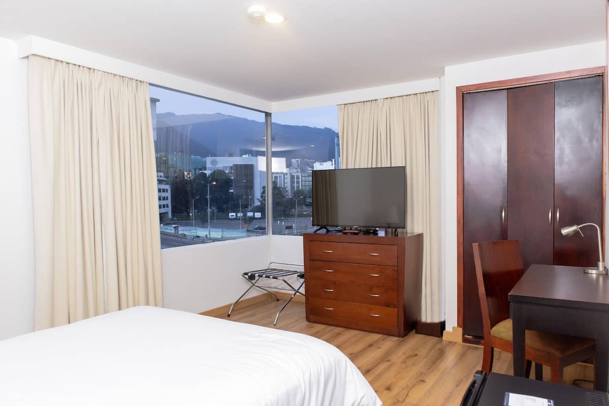 Una habitación de hotel con una cama, un televisor sobre un tocador de madera, un escritorio y una silla.