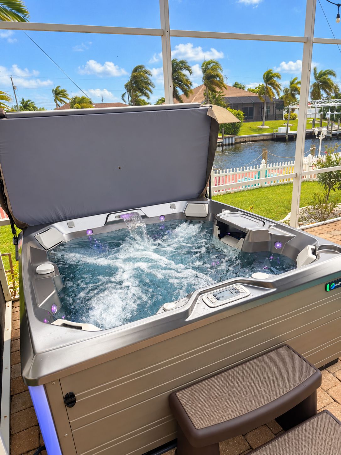 Un bain à remous avec vue sur un plan d’eau et des palmiers.