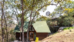 Une cabane rustique avec un toit végétalisé, entourée d’arbres.