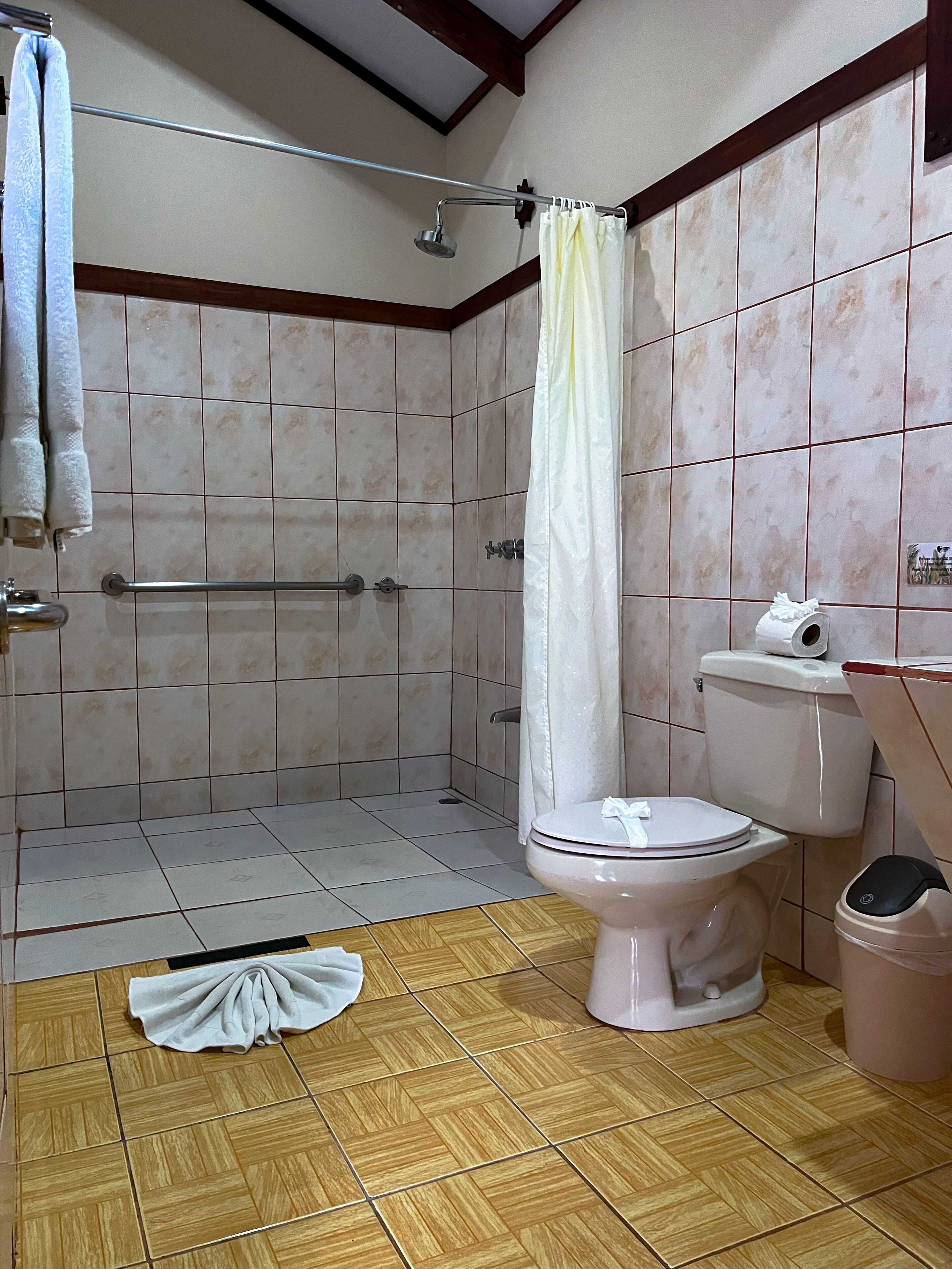 A bathroom with a shower, toilet, and sink.