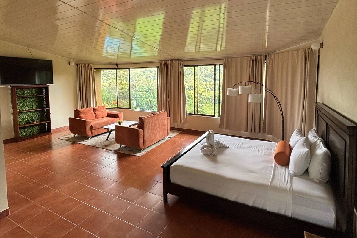Un'ampia stanza con un letto grande, una poltrona e una televisione.