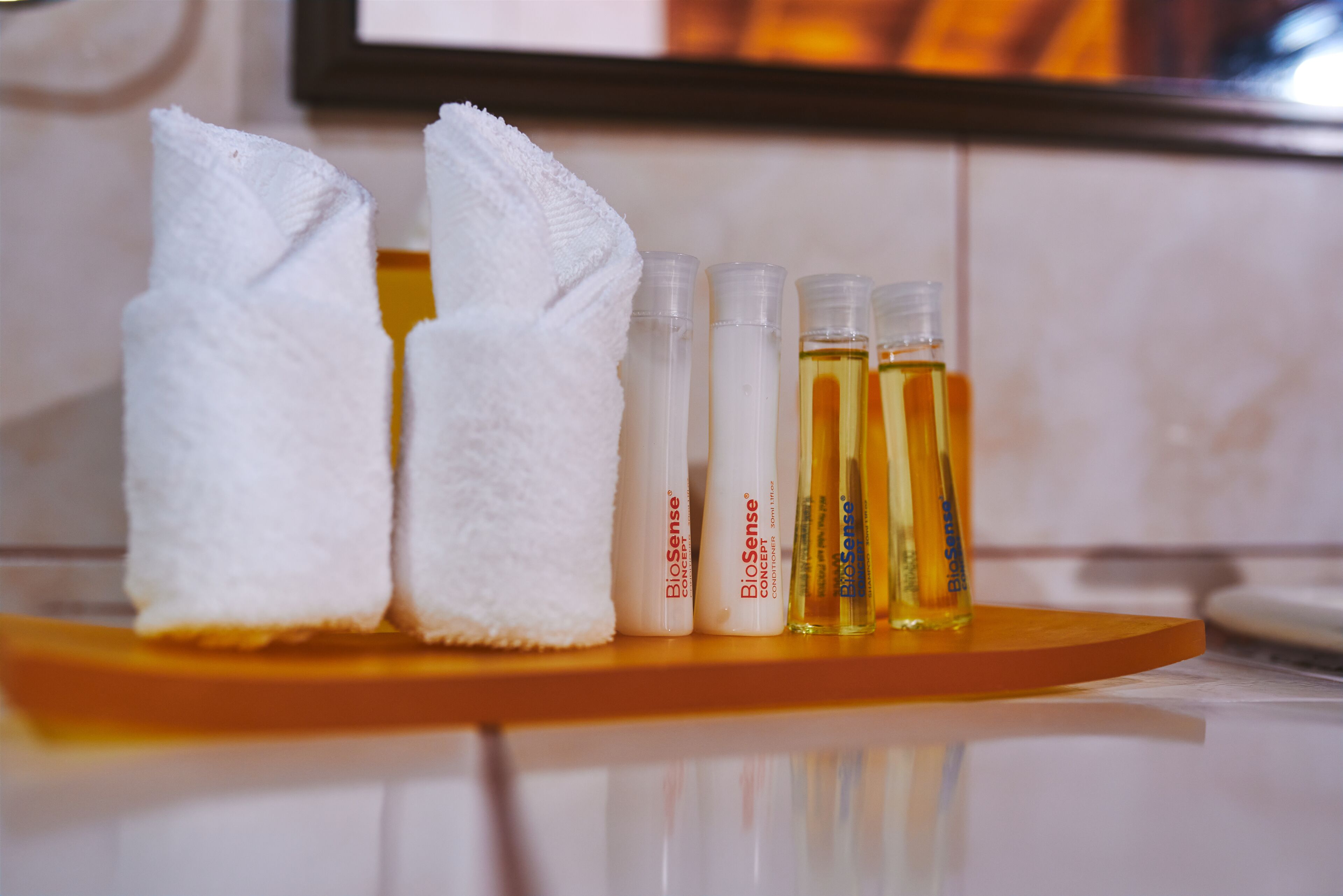Un meuble-lavabo de salle de bain avec des serviettes blanches, des produits BioSense et une bouteille de Bronzol.