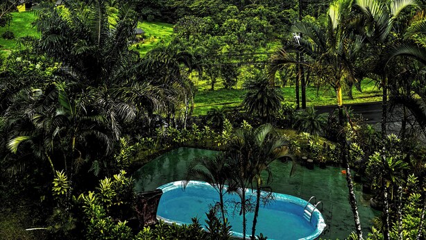 A lush landscape with a swimming pool surrounded by tropical vegetation and a distant mountain range under a partly cloudy sky.