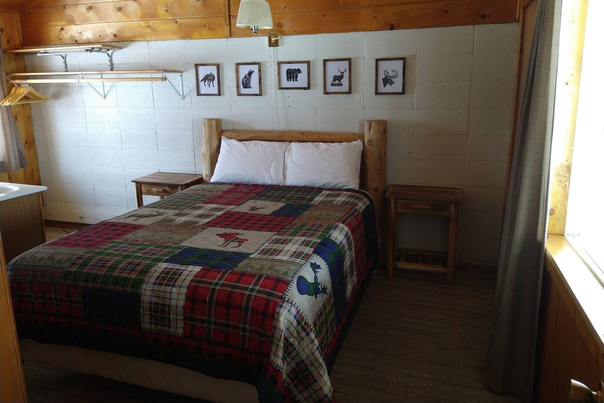 A wooden cabin bedroom with a bed, a nightstand, a lamp, and a wall with animal-themed pictures.
