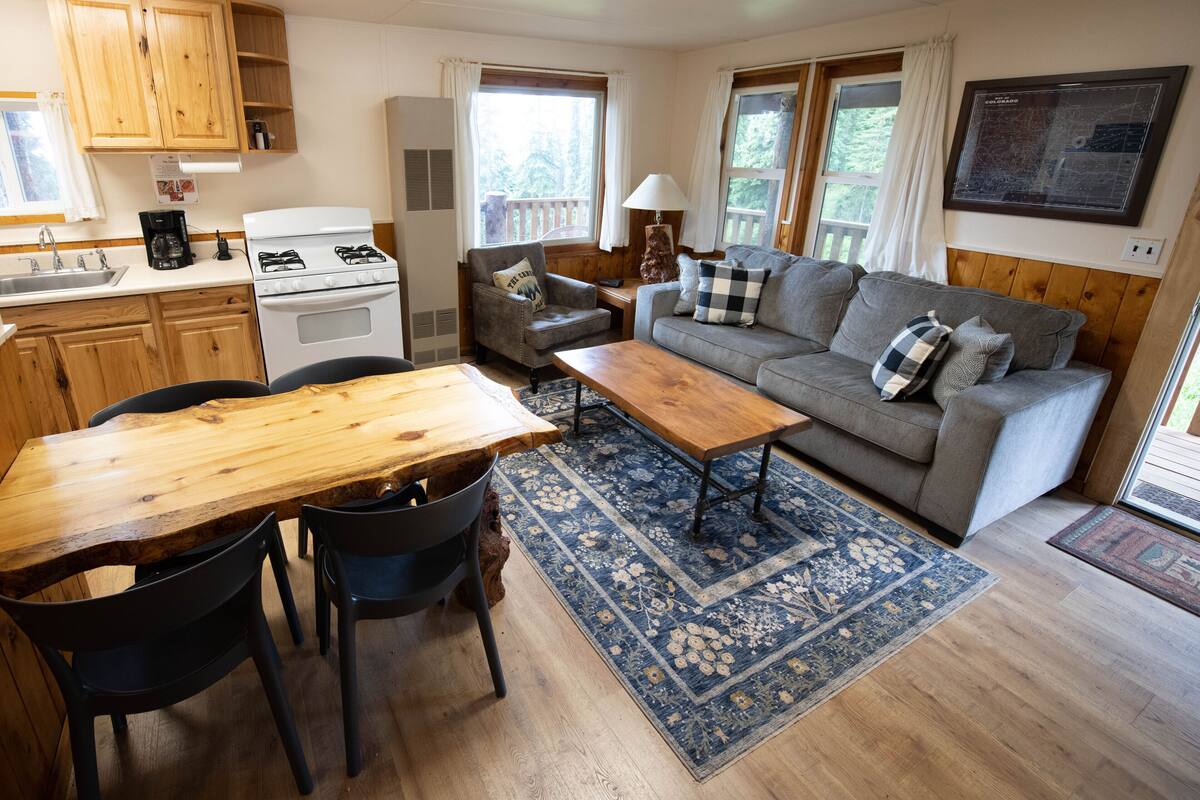 A cozy living area with a wooden dining table, a gray sofa with patterned cushions, and a blue rug.