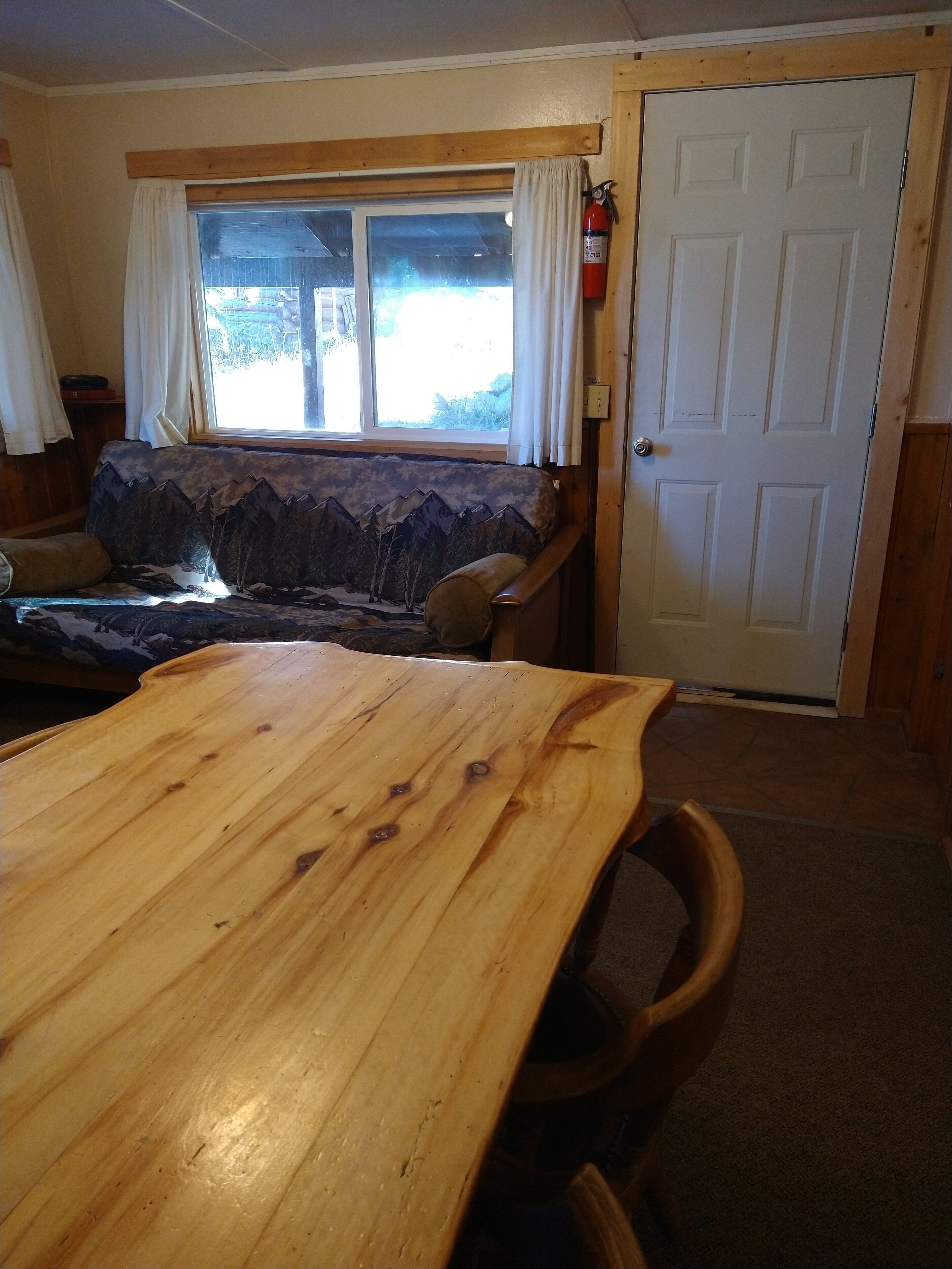 A wooden dining table with chairs, a sofa with a mountain design, a window with curtains, and a door with a fire extinguisher.