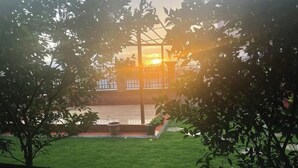 A view of a grassy area with a metal fence and potted plants. - MAKACH House, Studio Apartment !! (Kathmandu)
