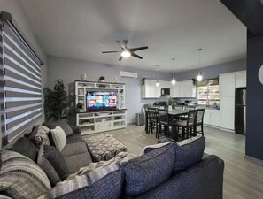 Smart TV, fireplace, books