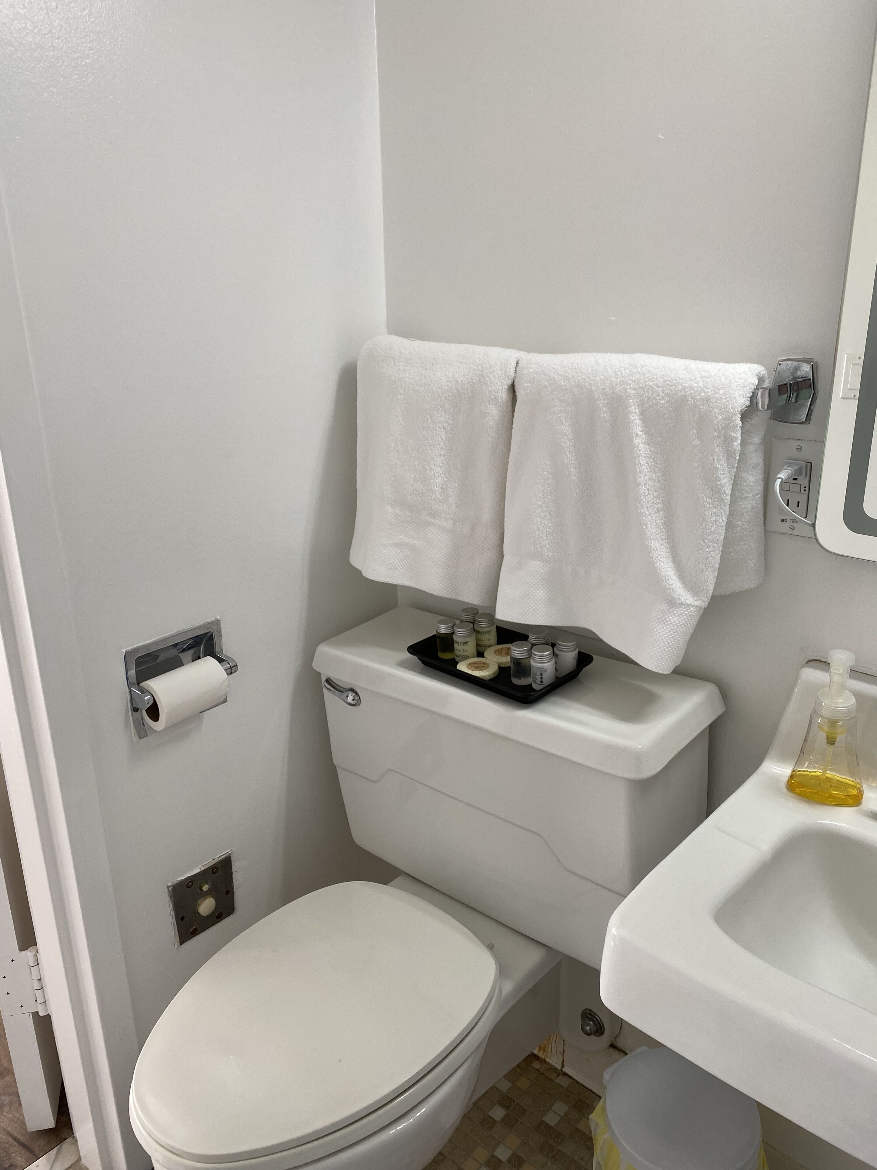 Combined shower/tub, towels, soap, shampoo