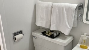 Un baño con inodoro, lavamanos y una toalla colgada en la pared.