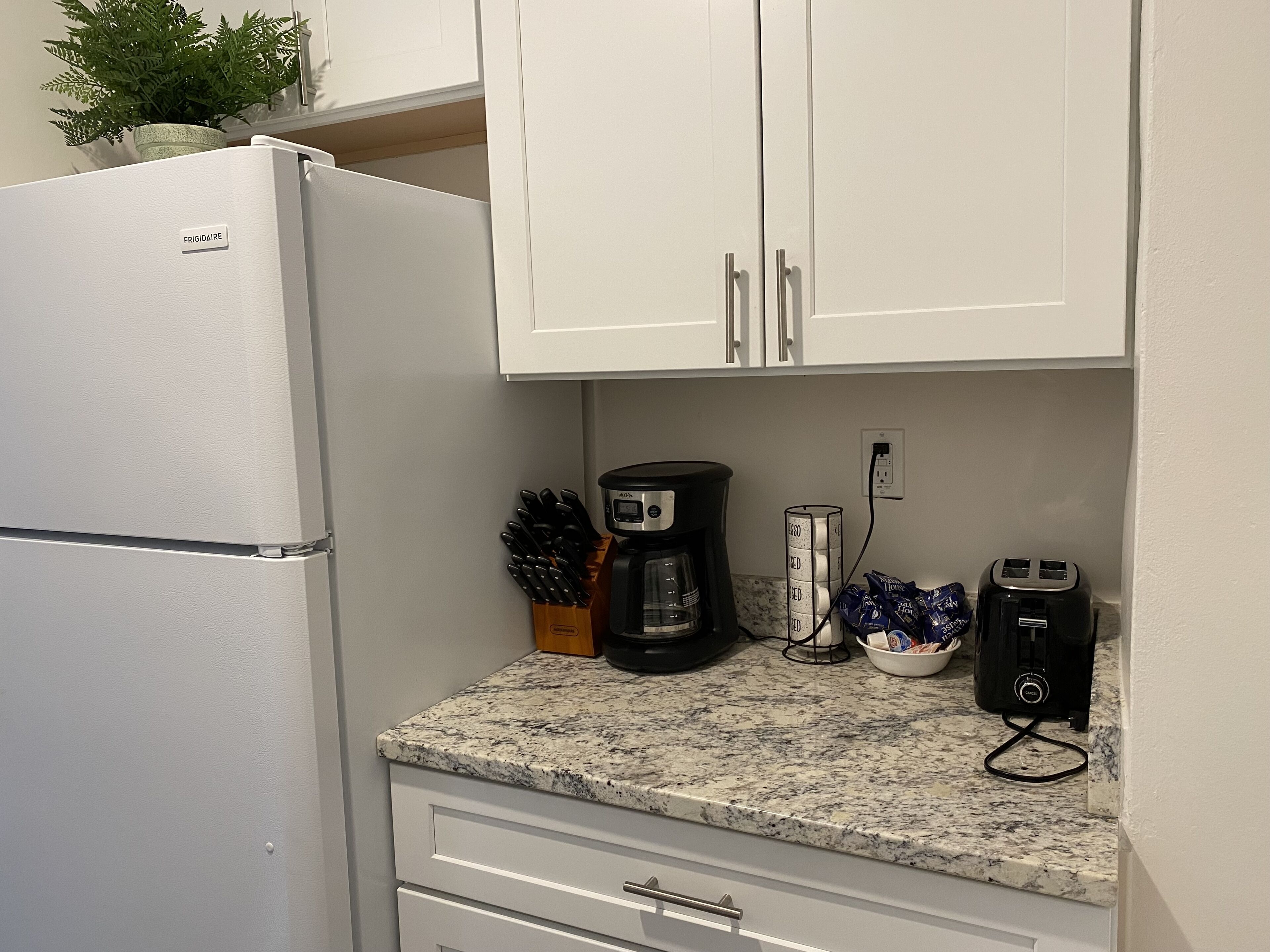 Eine Küche mit weißen Schränken, einem weißen Kühlschrank, einer Kaffeemaschine, einem Toaster und einer Pflanze auf der Arbeitsplatte.