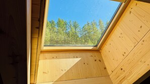 A skylight with a view of a forest.