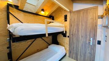 Een slaapkamer met een stapelbed, dakraam, houten wanden en een kledingkast.