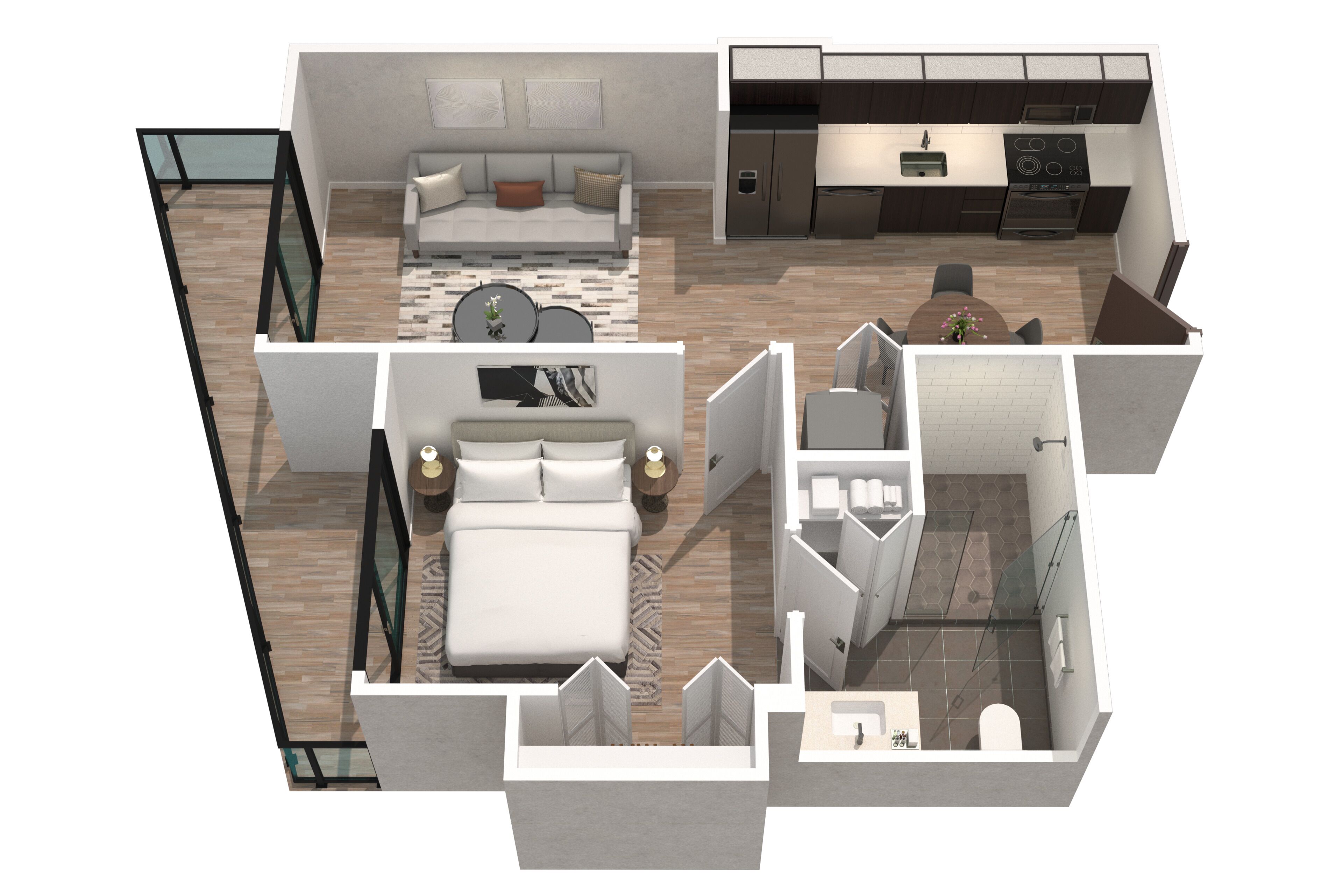 A modern apartment layout with a living room, kitchen, bedroom, and bathroom.