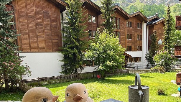 Two bird-shaped sculptures on a balcony with a view of wooden buildings and a mountainous landscape. - Bergluft Appartements - Weisshorn (Zermatt)