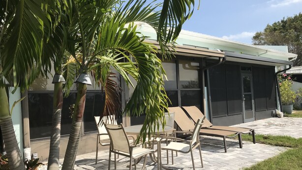 En terrasse med udendørs møbler, en palme og en bygning med store vinduer.