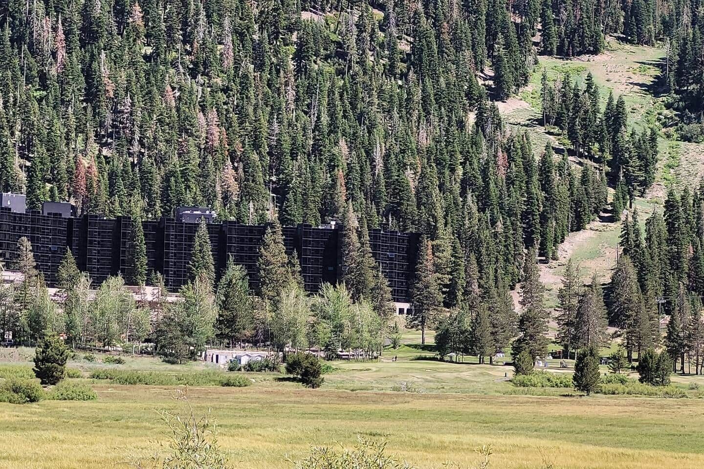 Un paisaje montañoso con bosques densos y un edificio de fachada enrejada.