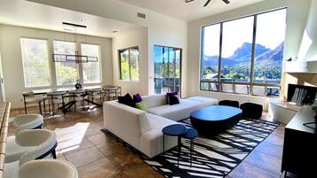 Smart TV, fireplace, books