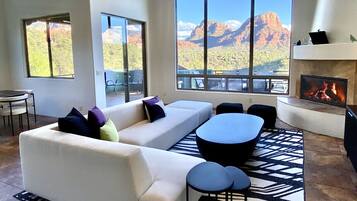 Smart TV, fireplace, books