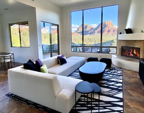 Smart TV, fireplace, books
