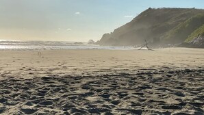 A beach with footprints leading to the water, a cliff with vegetation, and a clear sky. - Amazing private beachfront Village (Troncones)