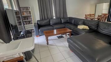 Smart TV, fireplace, DVD player, books