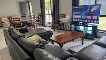 Smart TV, fireplace, DVD player, books