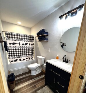 Bathtub, towels, soap, toilet paper