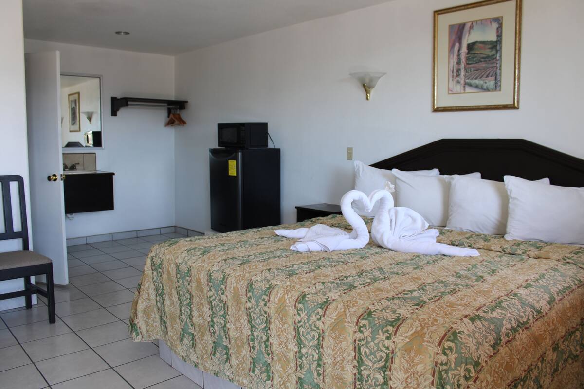 Habitación de hotel con cama, una silla, un escritorio, televisión y un cuadro en la pared.