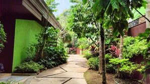 A concrete pathway leading through a lush garden with various plants and trees. - Phuket Jungle Experience Resort (Karon)