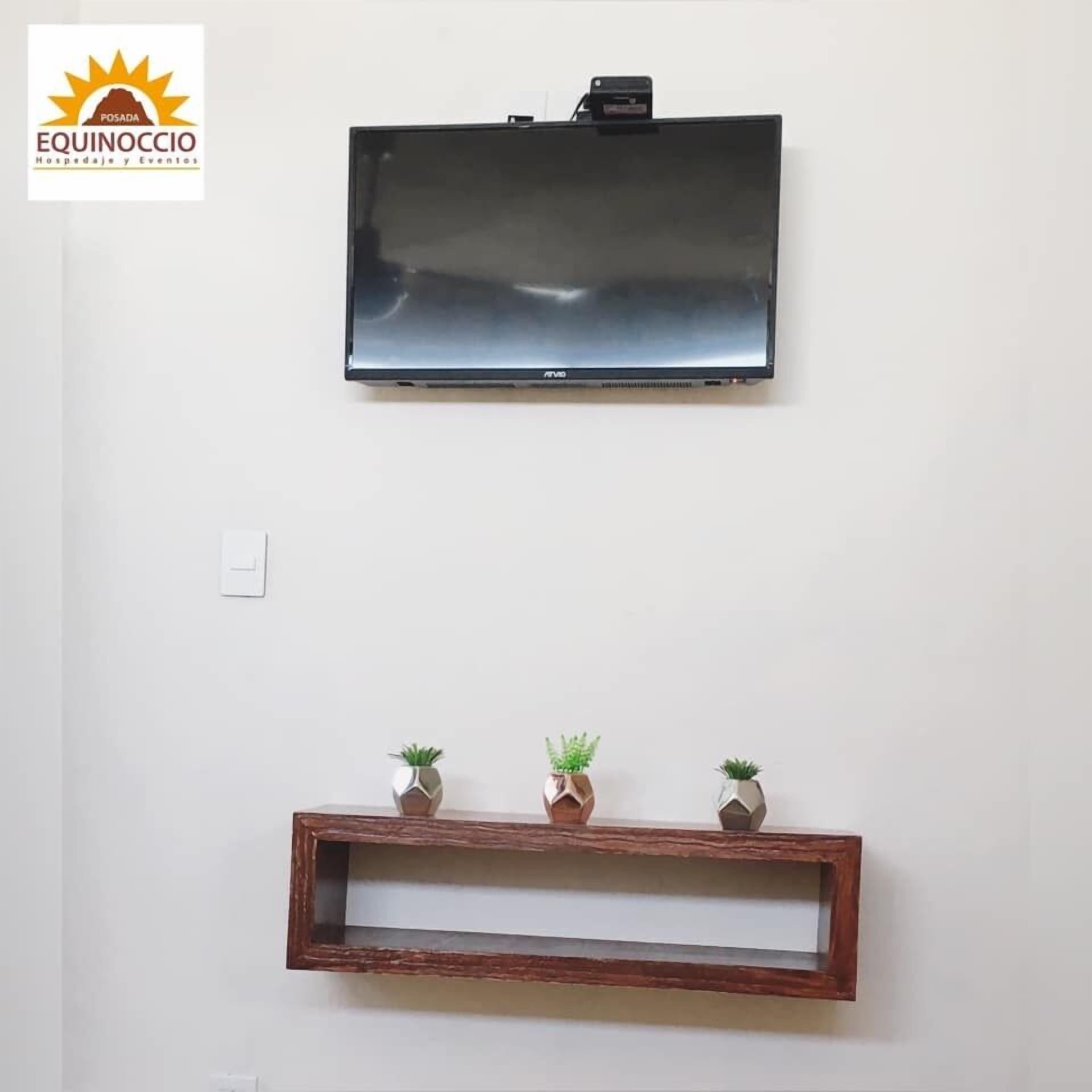 Un televisor de pantalla plana montado en una pared blanca, un estante de madera debajo con tres macetas pequeñas y un logotipo en la esquina superior izquierda.