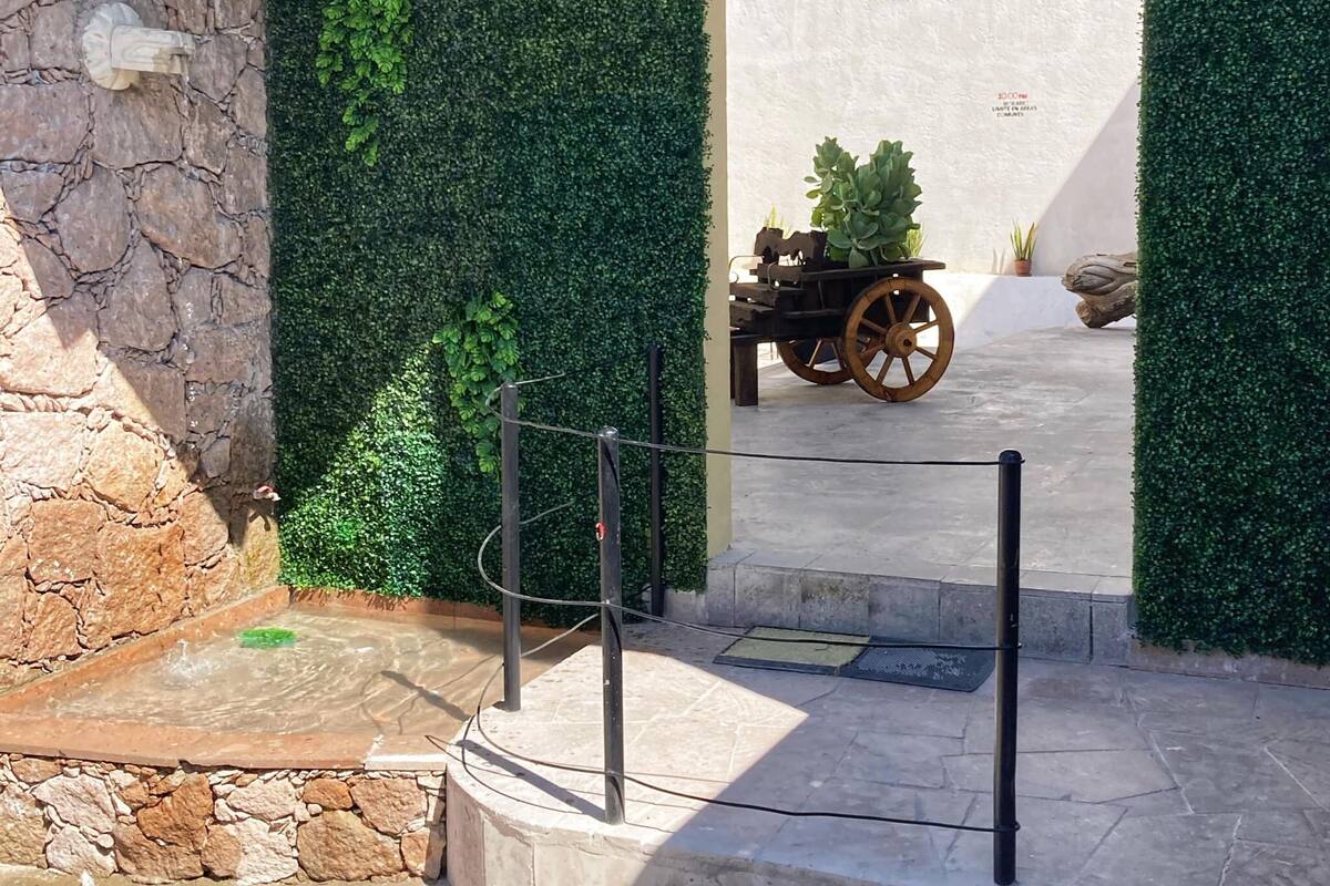 A stone wall with a rustic fountain, a green wall with climbing plants, and a vintage cart in the background.