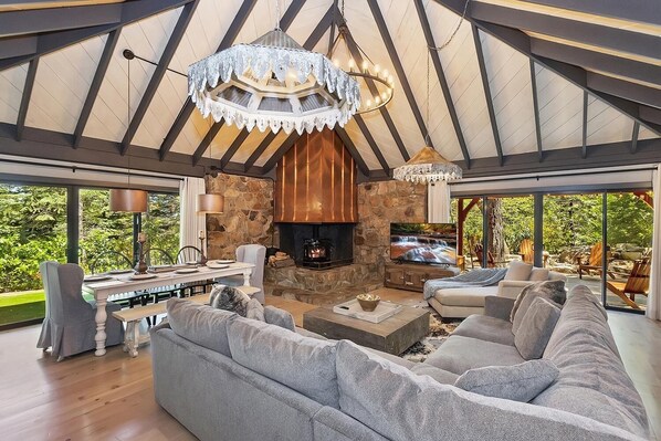 Smart TV, fireplace, video games, DVD player