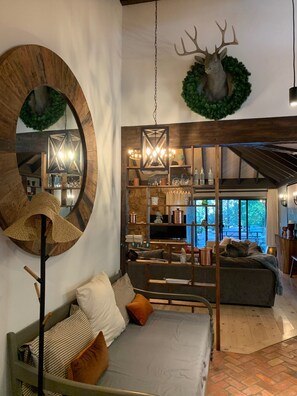 Smart TV, fireplace, video games, DVD player