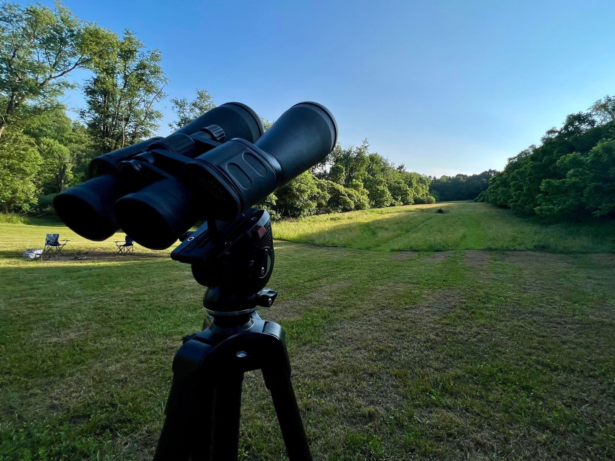 Un telescopio sobre un trípode en una zona cubierta de hierba, con árboles al fondo.