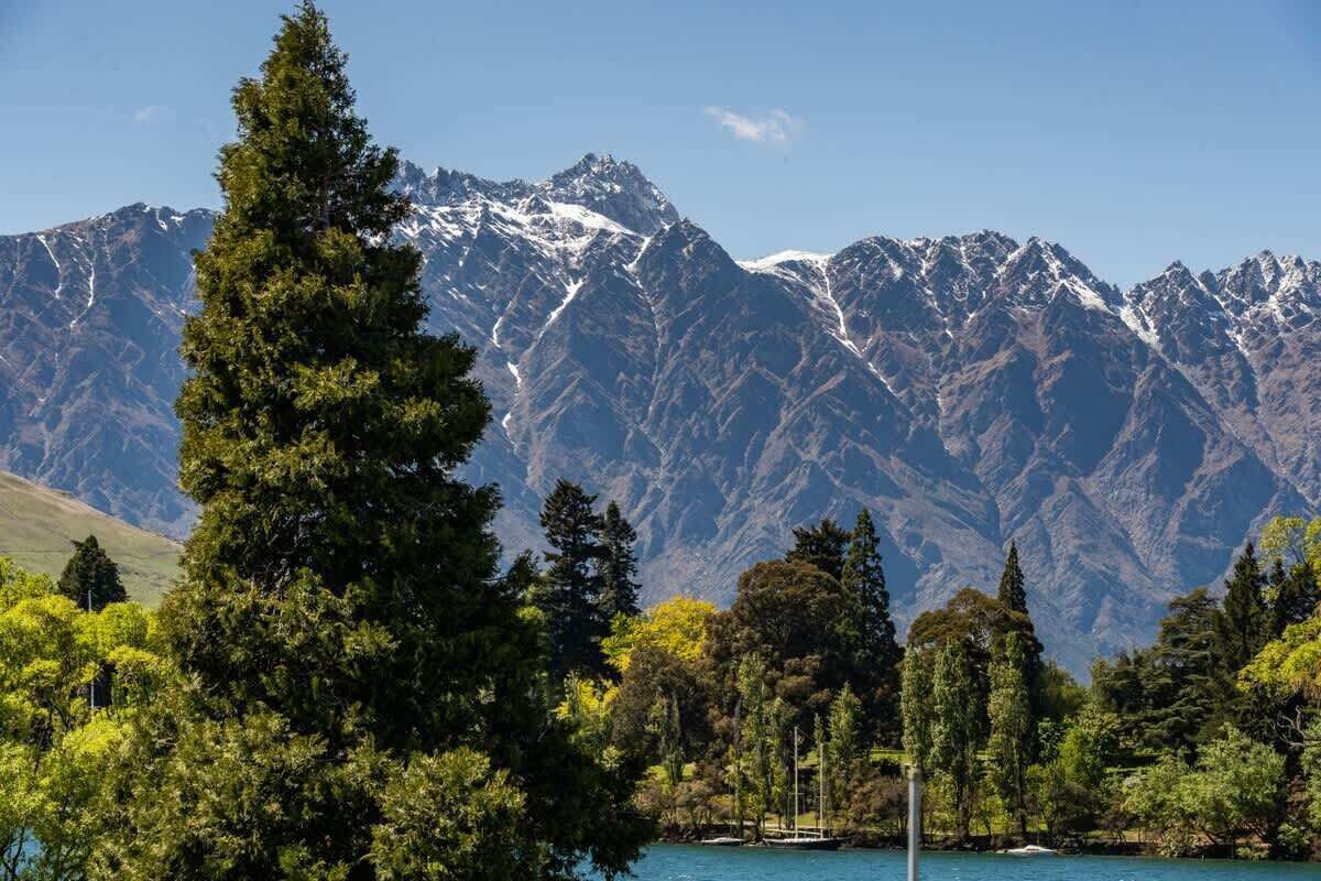Eine Berglandschaft mit einem See und Bäumen im Vordergrund.
