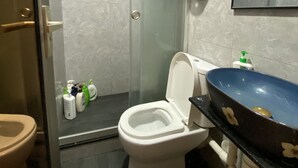 Une salle de bain comprenant des toilettes, une douche fermée par une paroi de verre, un lavabo avec un receveur bleu et un sèche-mains.