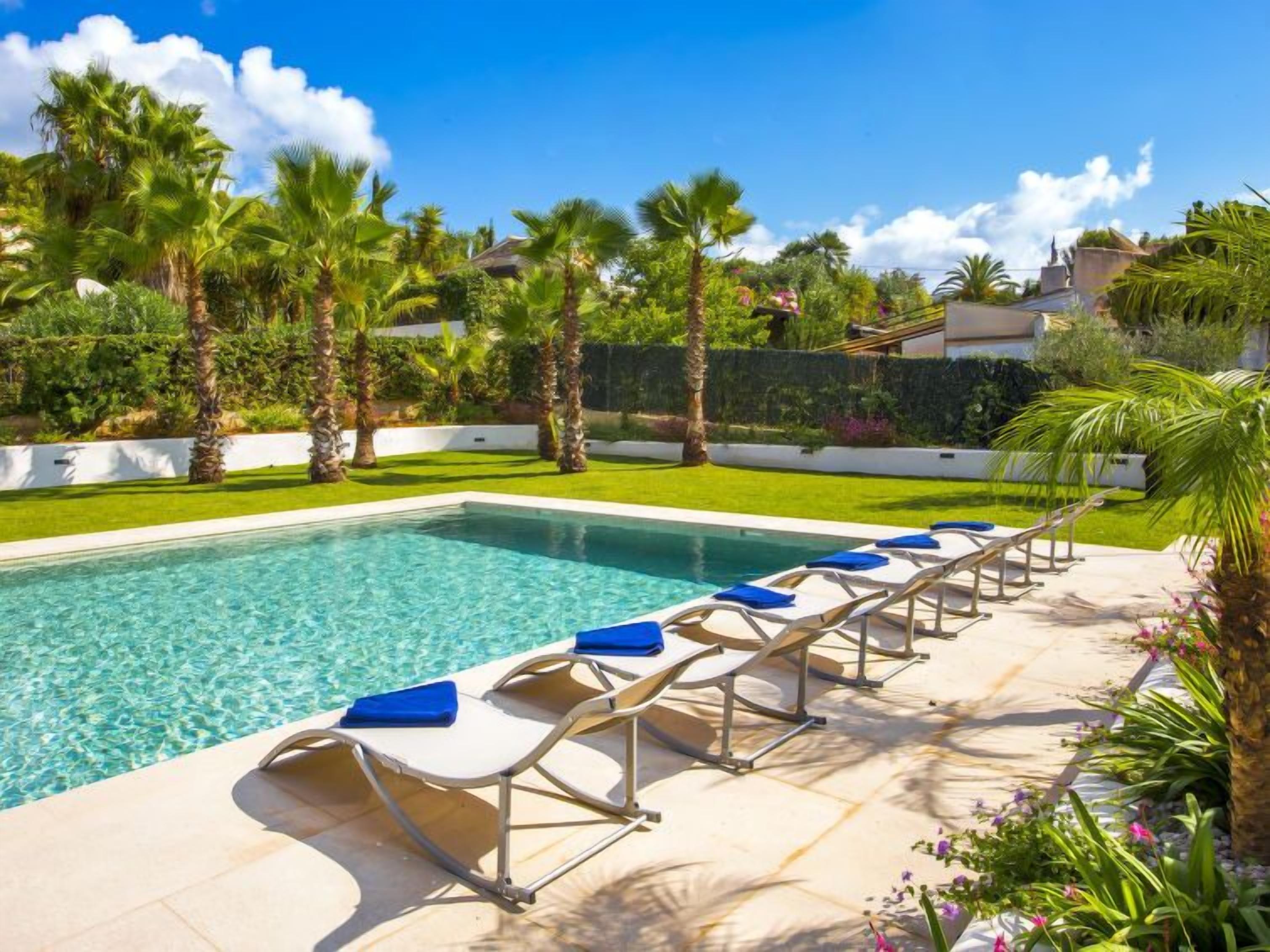 A swimming pool with clear water, surrounded by palm trees and a well-maintained lawn.