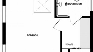 A floor plan with a bedroom, shower room, and kitchen. - The Mews - 1BR Studio in Jericho Near City Centre (Oxford)