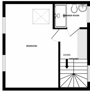 A floor plan with a bedroom, shower room, and kitchen. - The Mews - 1BR Studio in Jericho Near City Centre (Oxford)