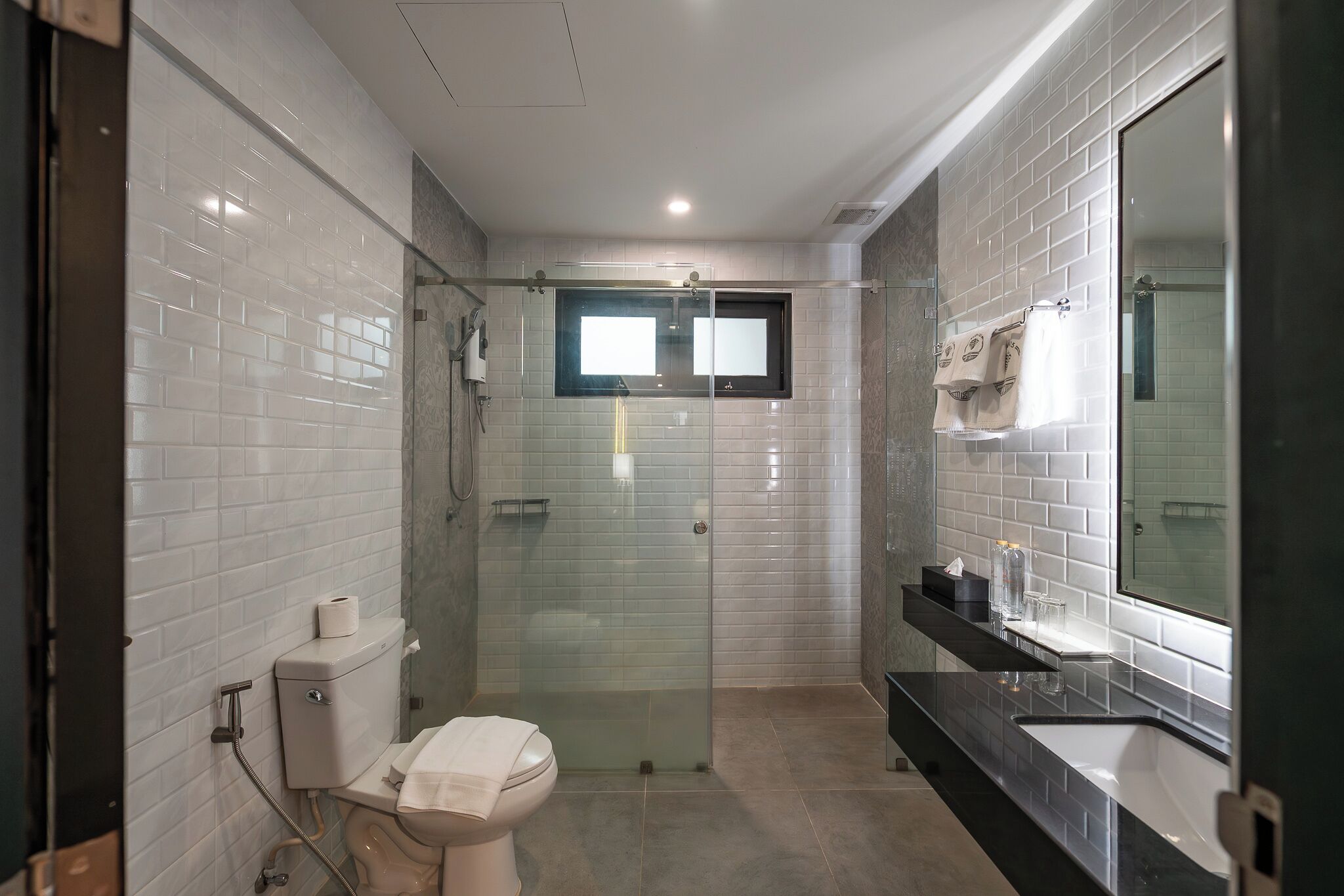 A modern bathroom with a glass-enclosed shower, a toilet, a sink, and a mirror.