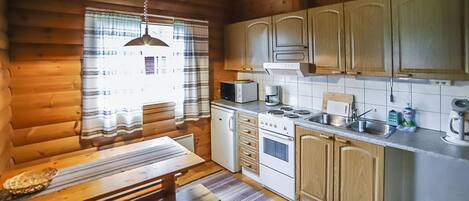 Fridge, microwave, cookware/dishes/utensils