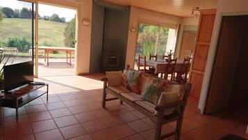 Télévision, cheminée, lecteur de DVD