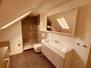 A modern bathroom with a shower, toilet, and vanity. - Holiday Home Grimme | 350 m² | 18 Guests | XXL Play Hall | Hot Tub | Sauna (Schmallenberg)