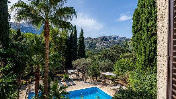 Une piscine entourée de palmiers et de cyprès, avec une vue sur les montagnes en arrière-plan.