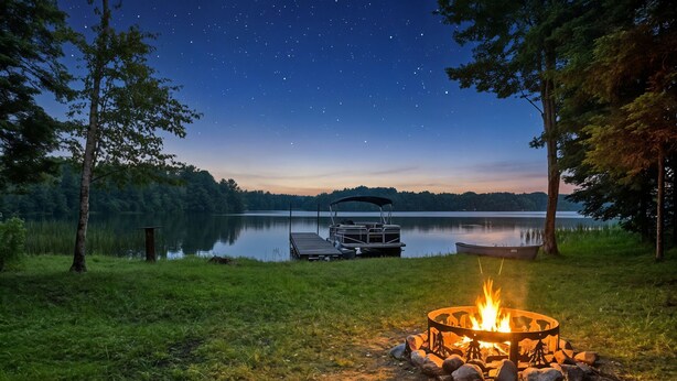 A lakeside campfire with a dock and boat in the background.
